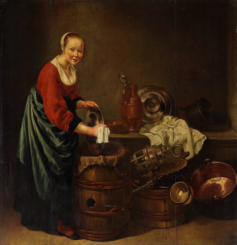 A Kitchen Maid Standing by a Table with Copper pots pewter Plates and other  Objects Painting by Willem van Odekercken - Fine Art America