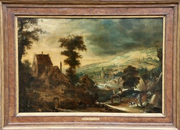 A hilly landscape with a farmhouse at left