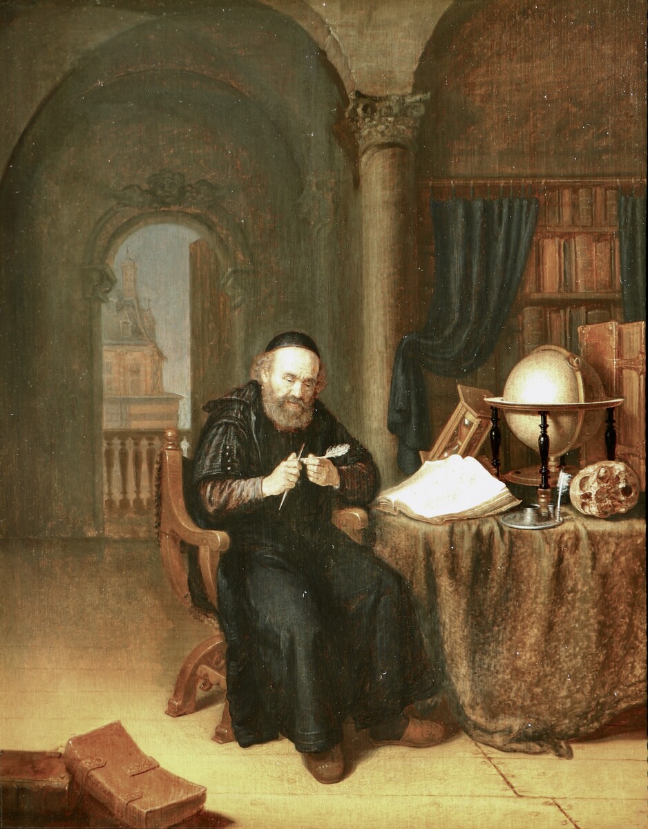 A scholar sharpening his quill in his study