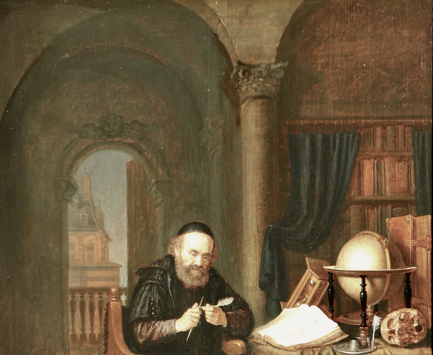 A scholar sharpening his quill in his study