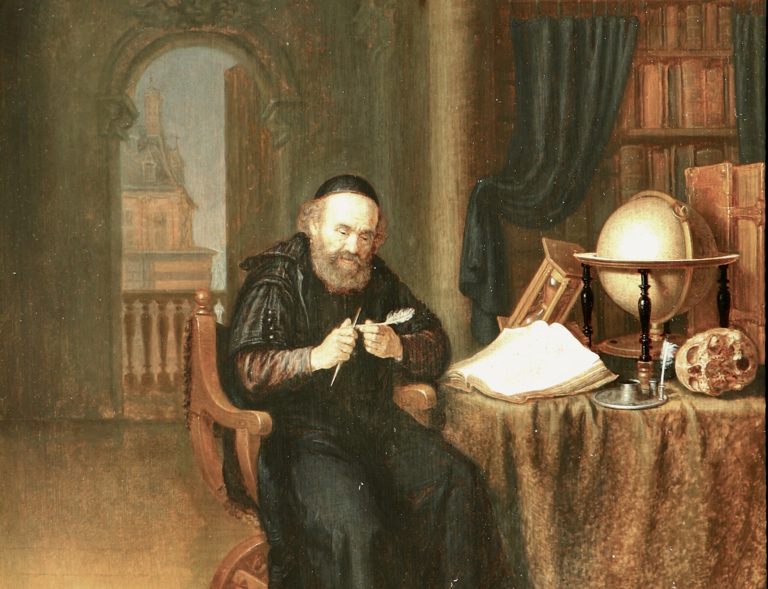 A scholar sharpening his quill in his study