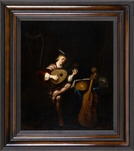 A Vanitas scene with a lute player