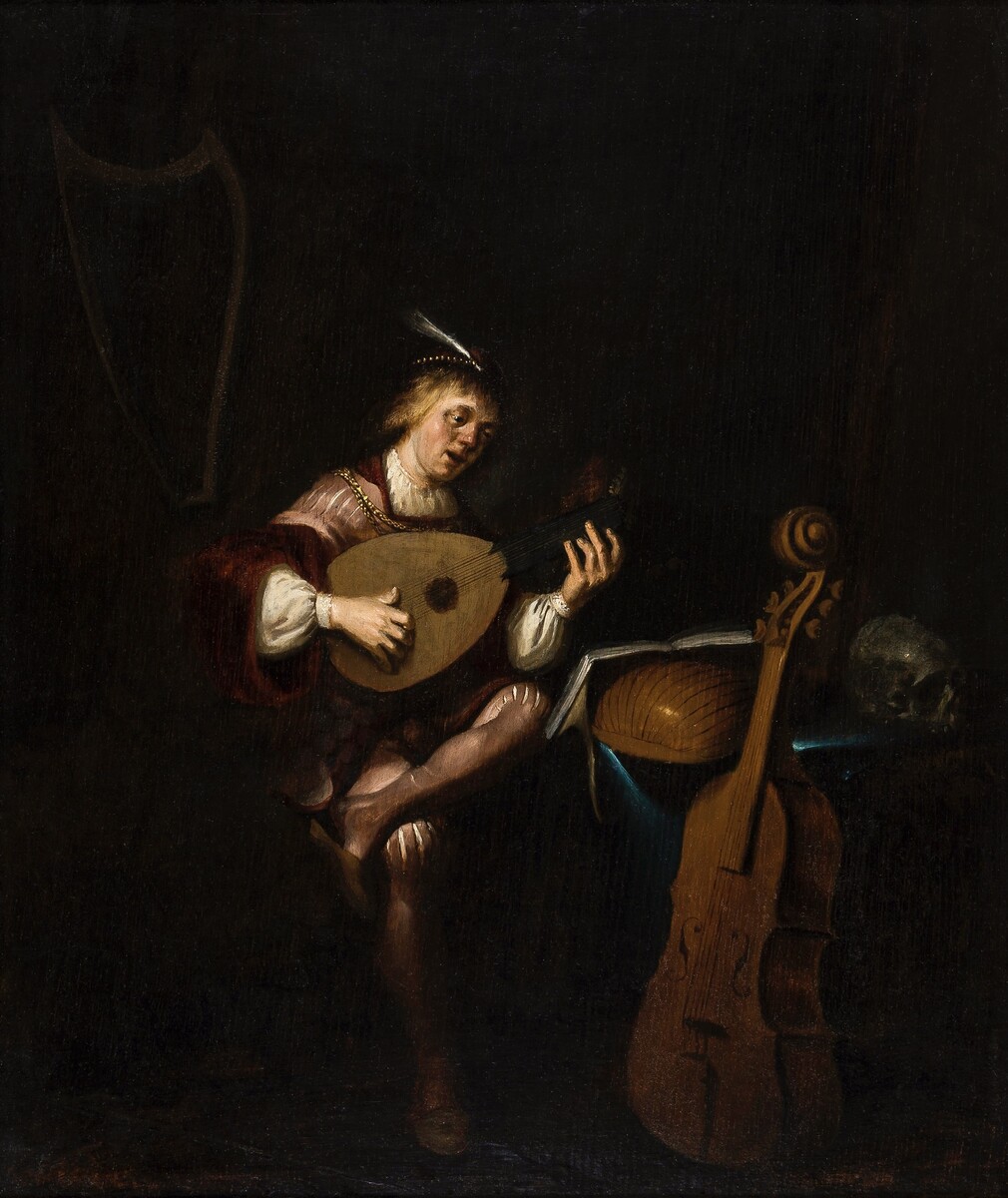 A Vanitas scene with a lute player