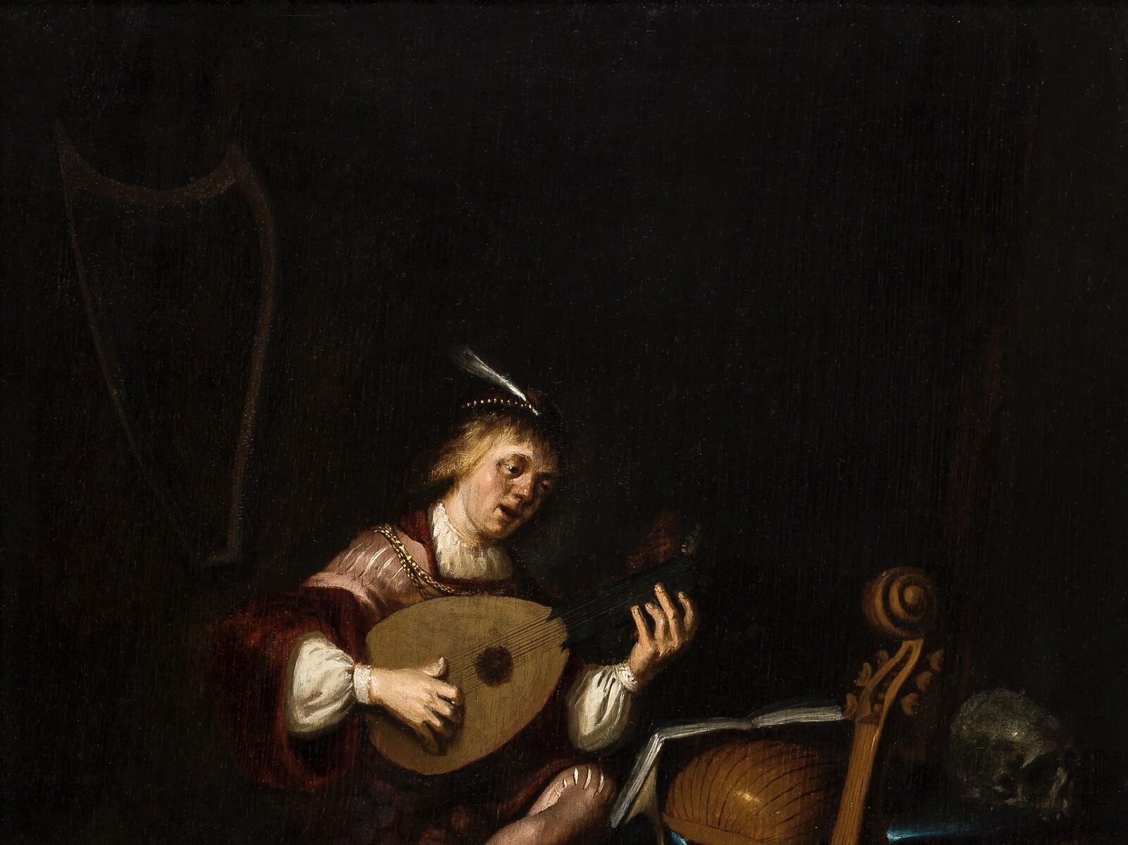 A Vanitas scene with a lute player