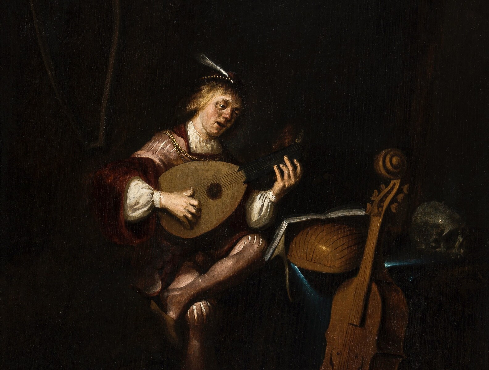 A Vanitas scene with a lute player