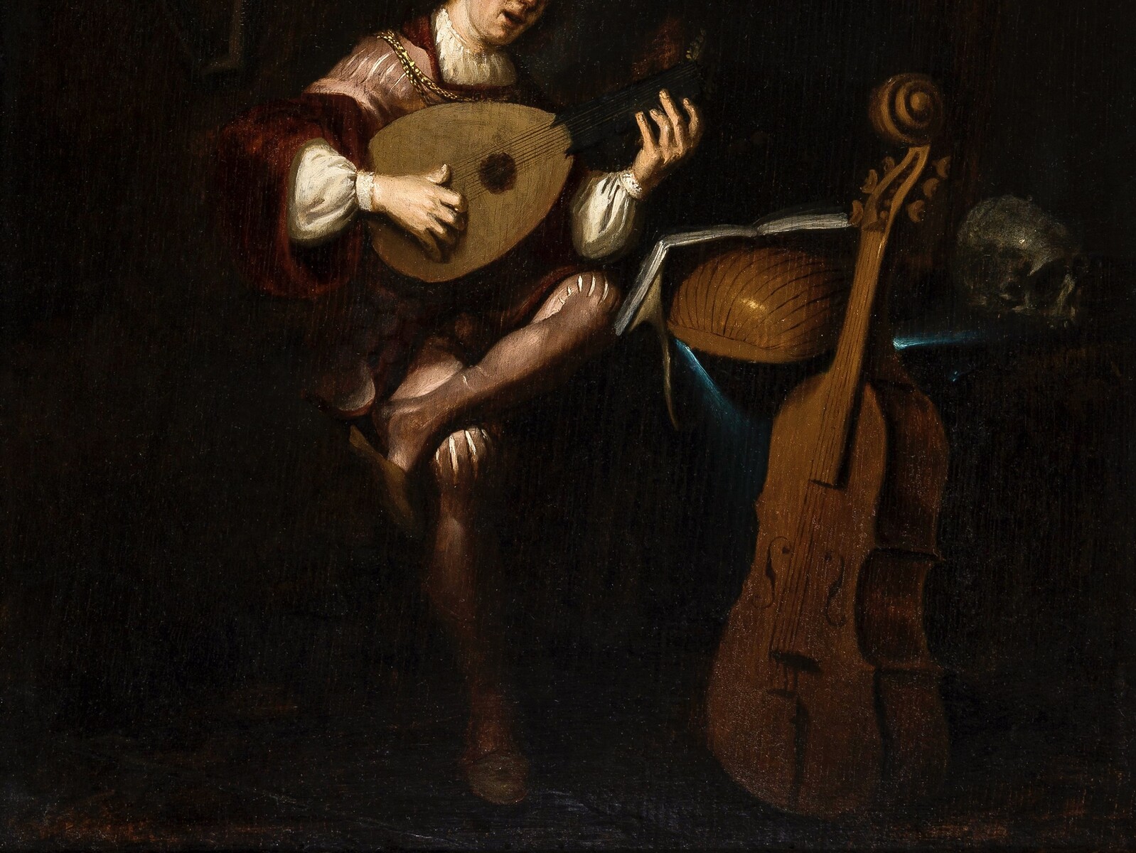 A Vanitas scene with a lute player