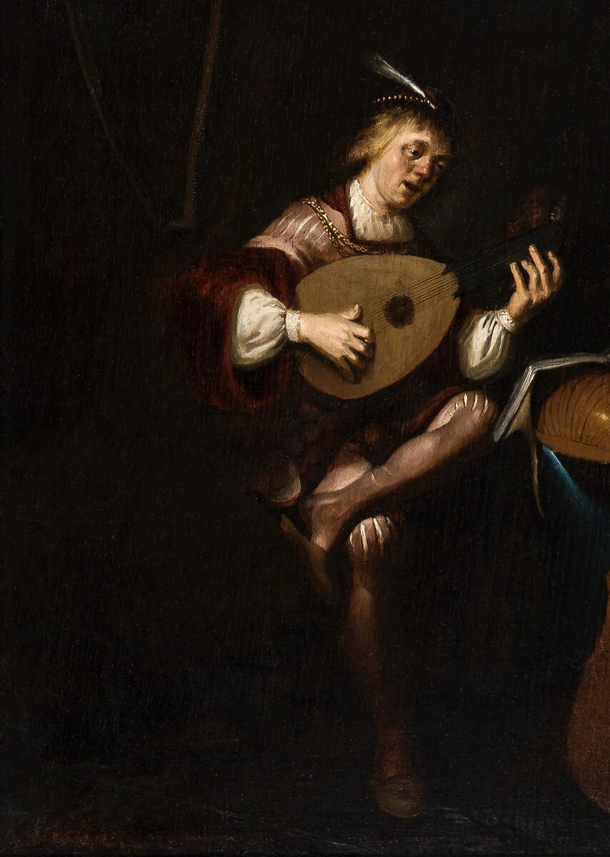 A Vanitas scene with a lute player