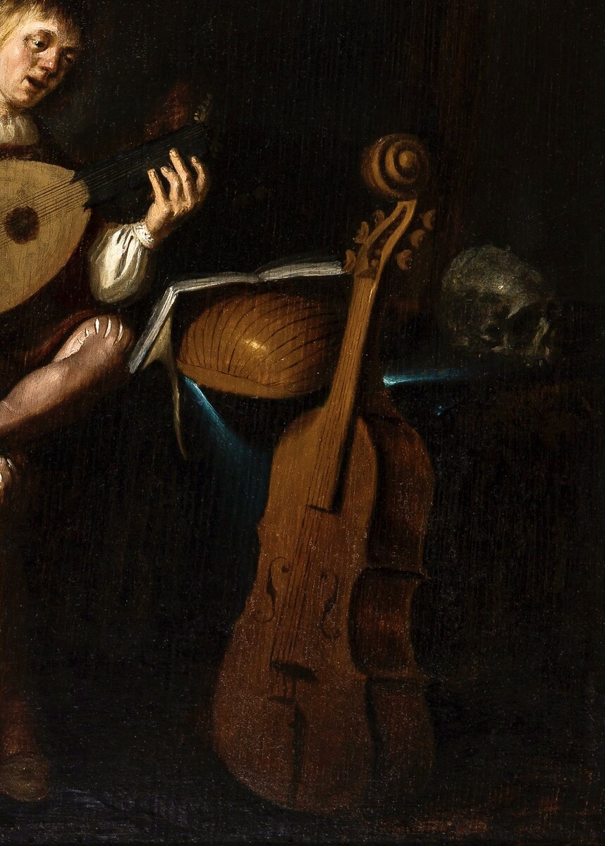 A Vanitas scene with a lute player