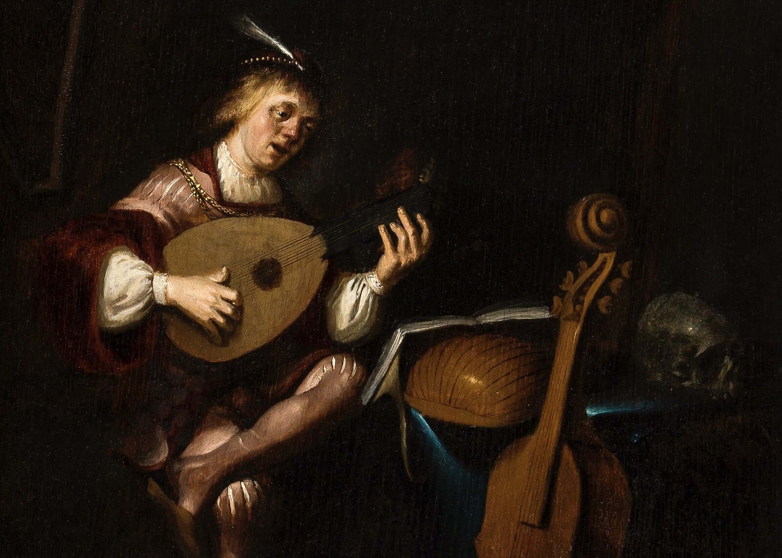 A Vanitas scene with a lute player