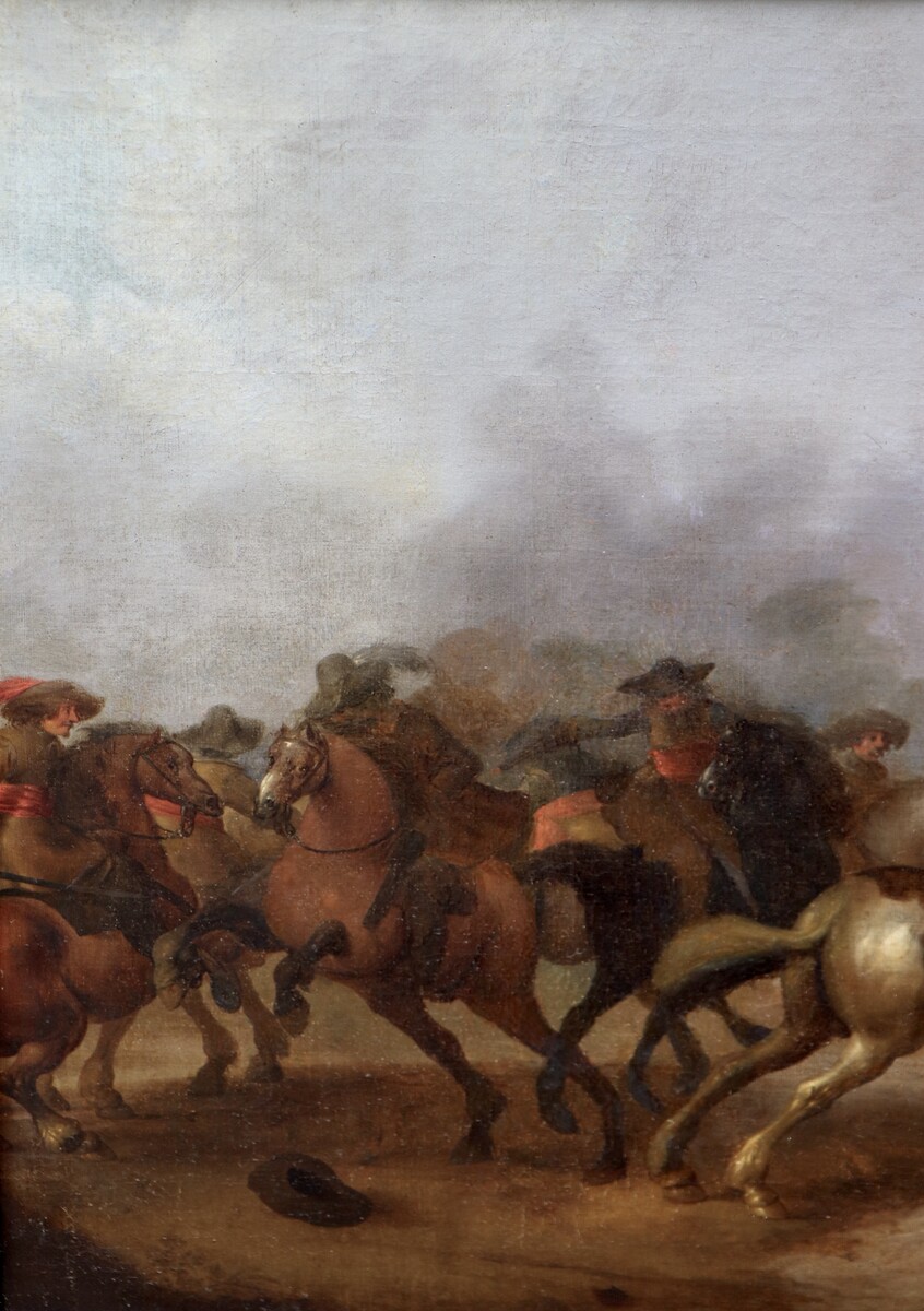 One of a pair of cavalry battle scenes