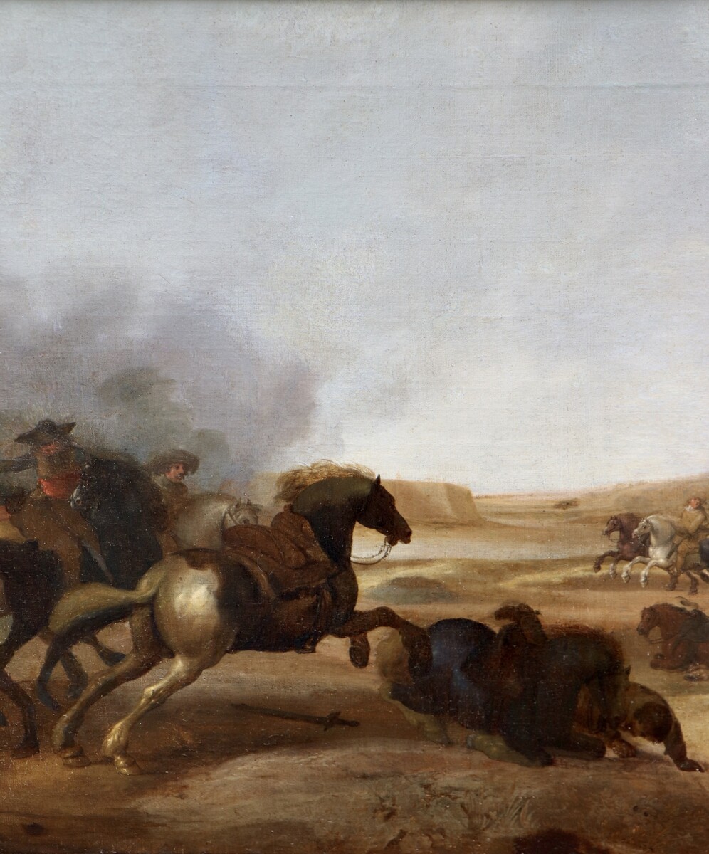 One of a pair of cavalry battle scenes