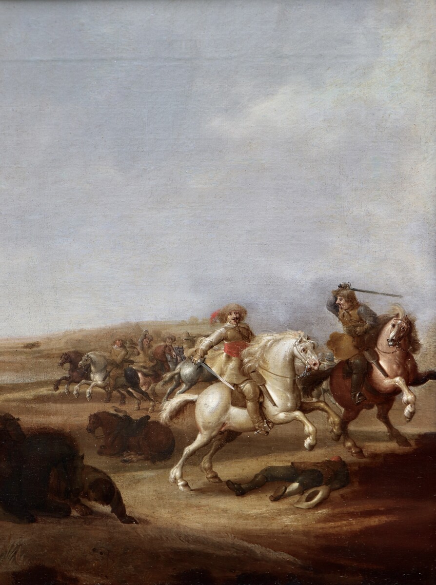 One of a pair of cavalry battle scenes