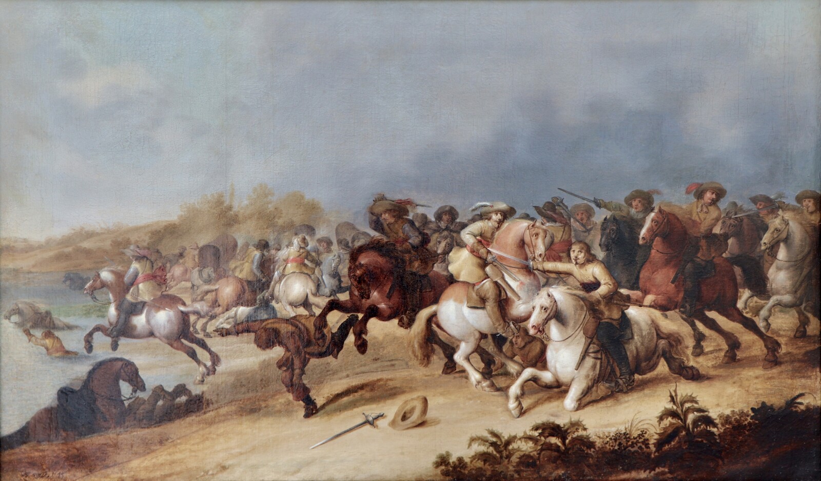 One of a pair of cavalry battle scenes