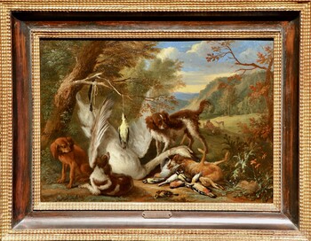 One of a pair of paintings with dogs guarding the spoils of hunt