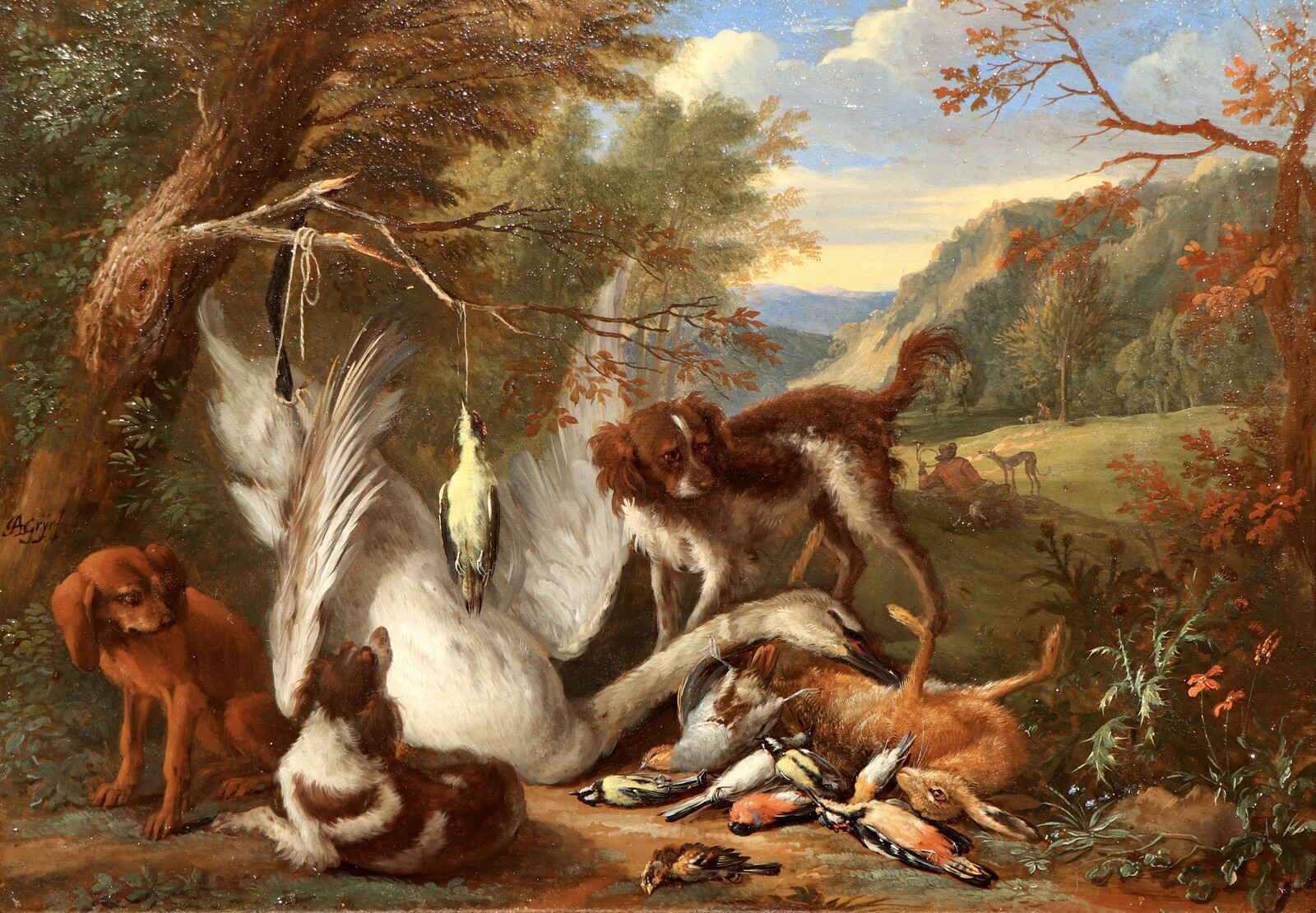 One of a pair of paintings with dogs guarding the spoils of hunt