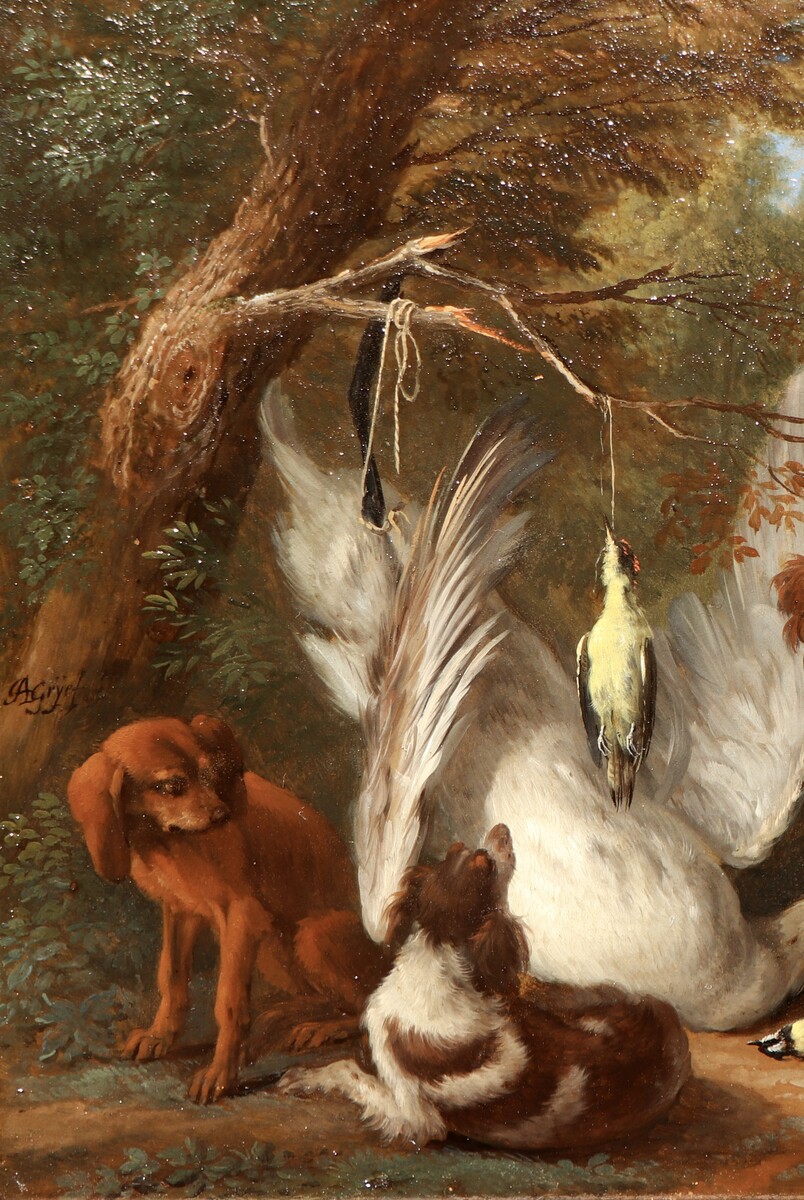 One of a pair of paintings with dogs guarding the spoils of hunt