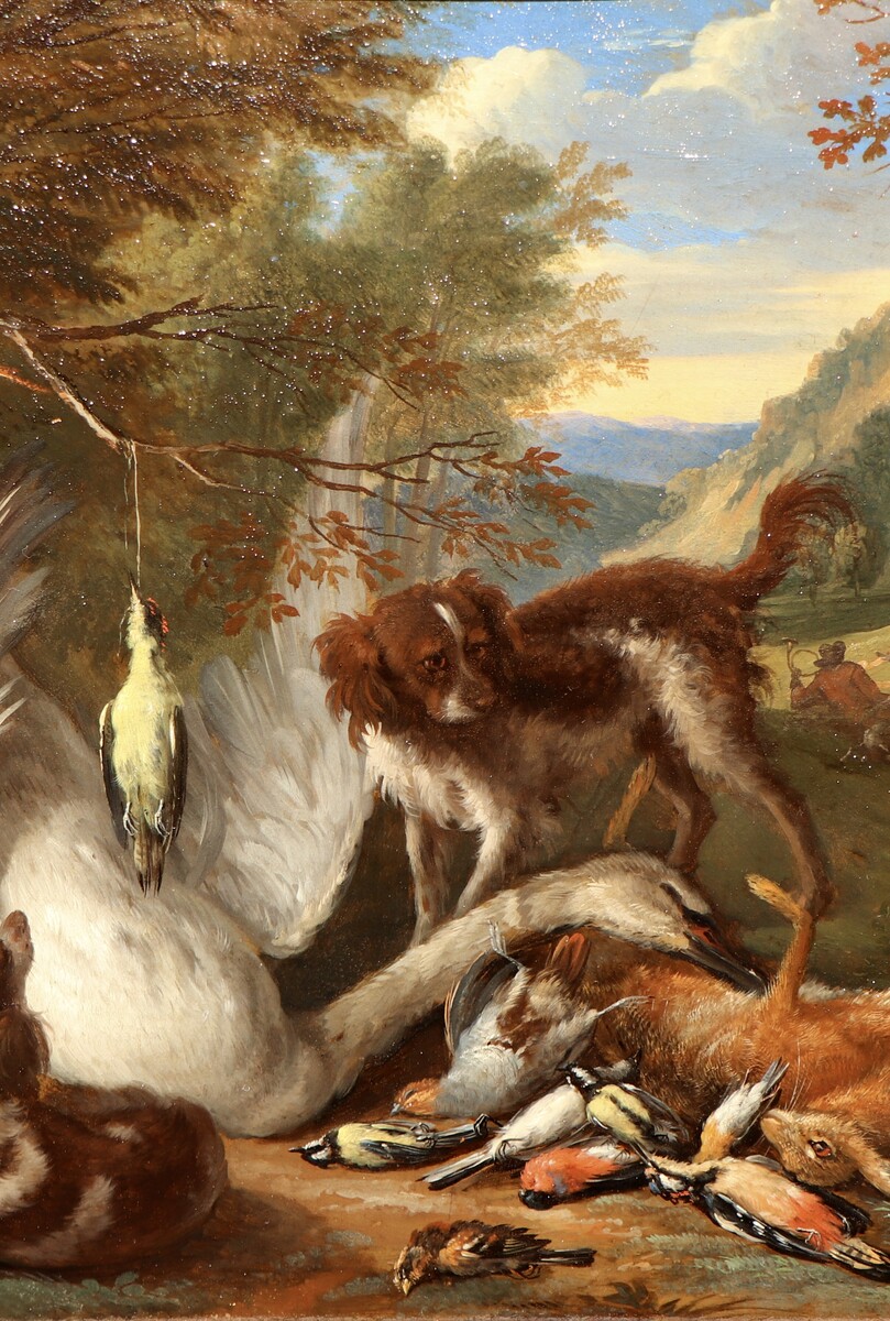 One of a pair of paintings with dogs guarding the spoils of hunt