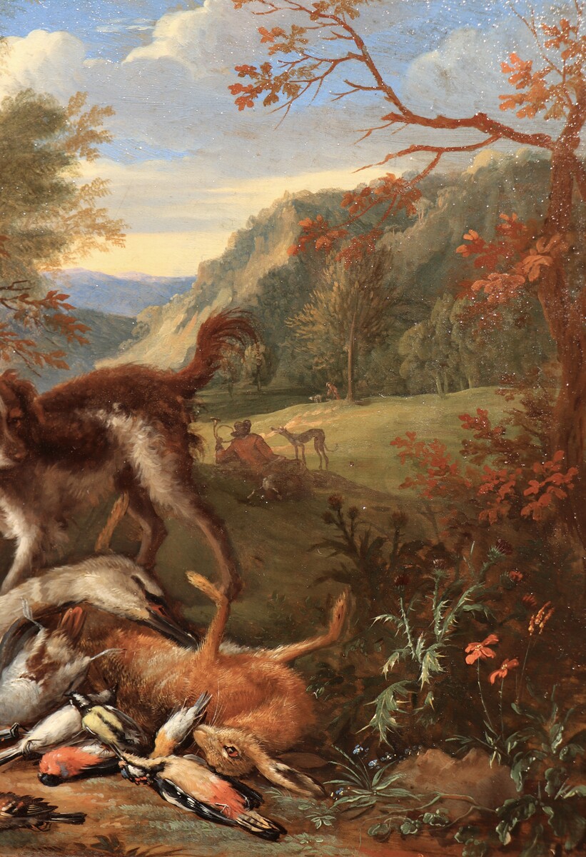 One of a pair of paintings with dogs guarding the spoils of hunt