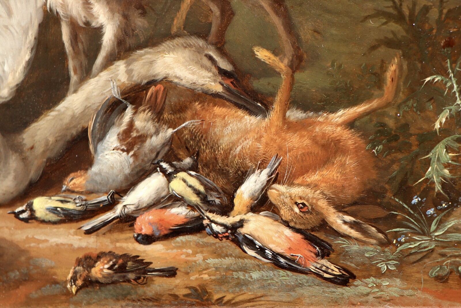 One of a pair of paintings with dogs guarding the spoils of hunt