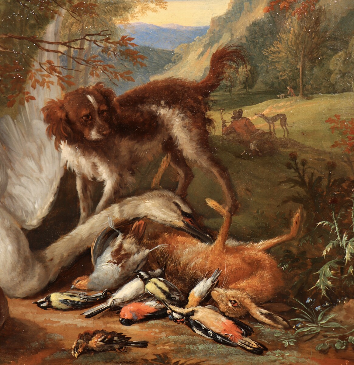 One of a pair of paintings with dogs guarding the spoils of hunt