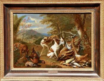 One of a pair of paintings with dogs guarding the spoils of hunt