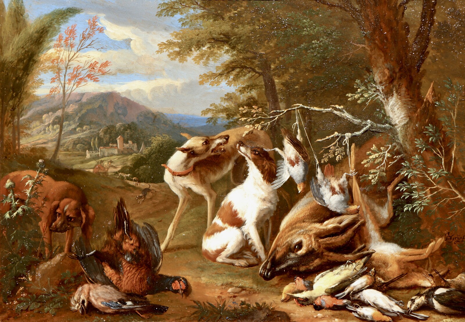 One of a pair of paintings with dogs guarding the spoils of hunt