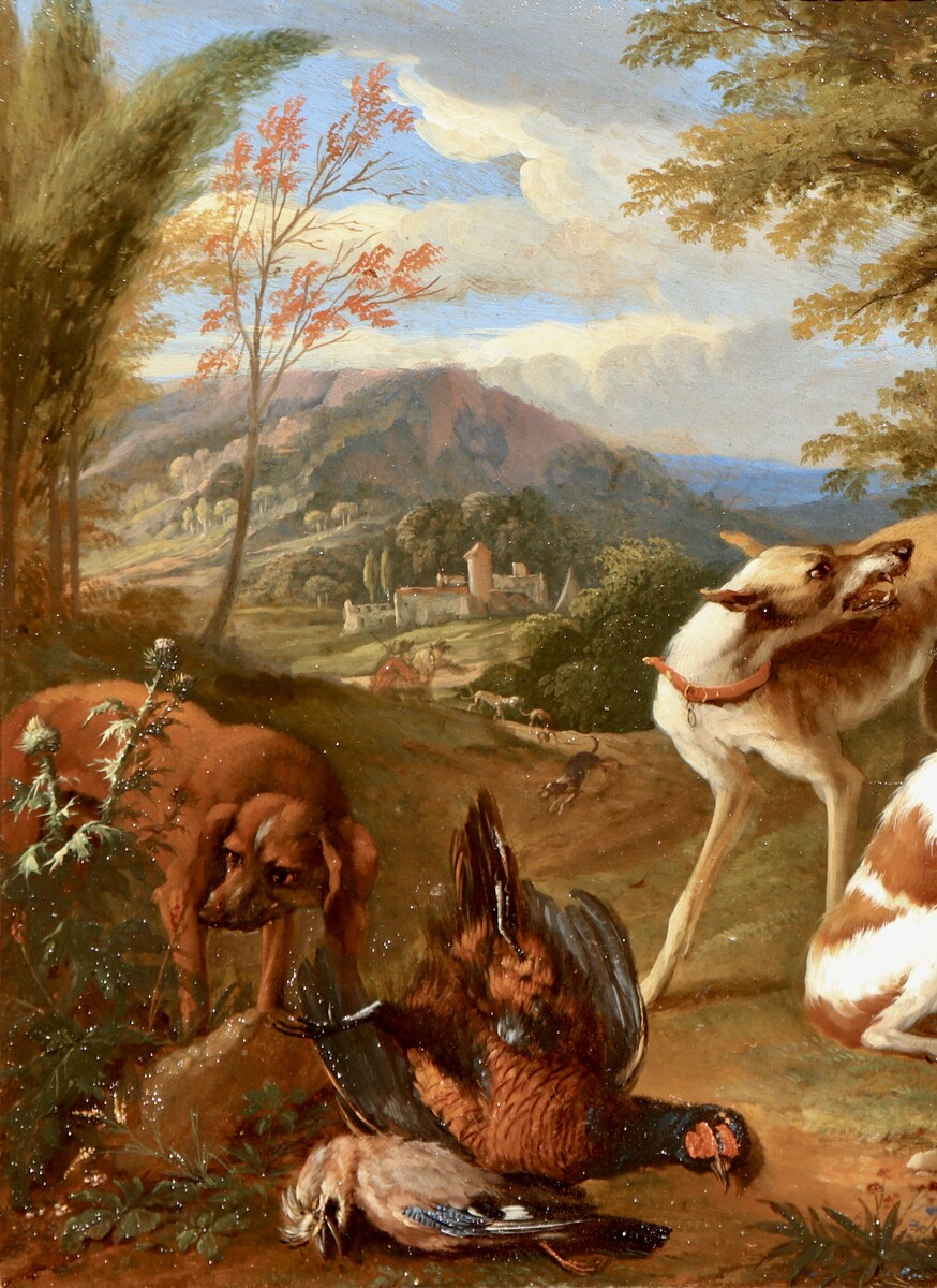 One of a pair of paintings with dogs guarding the spoils of hunt