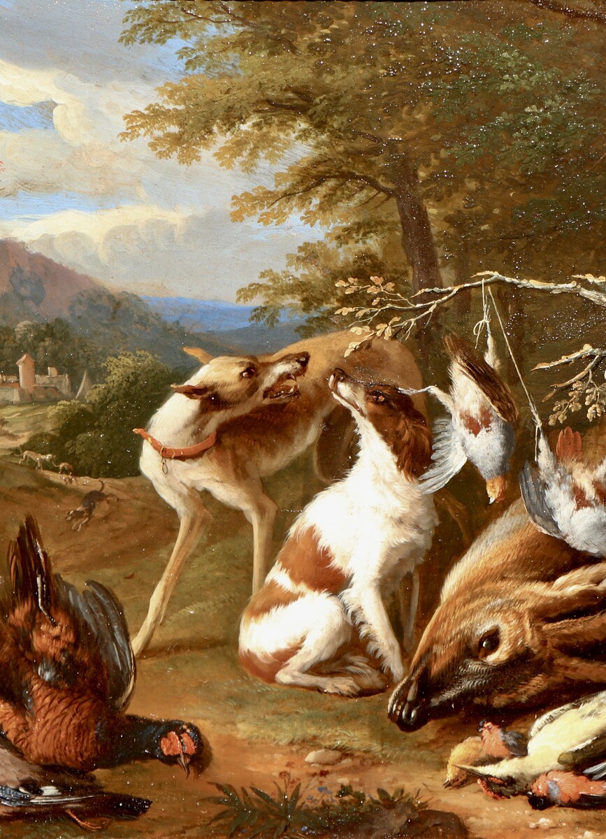 One of a pair of paintings with dogs guarding the spoils of hunt