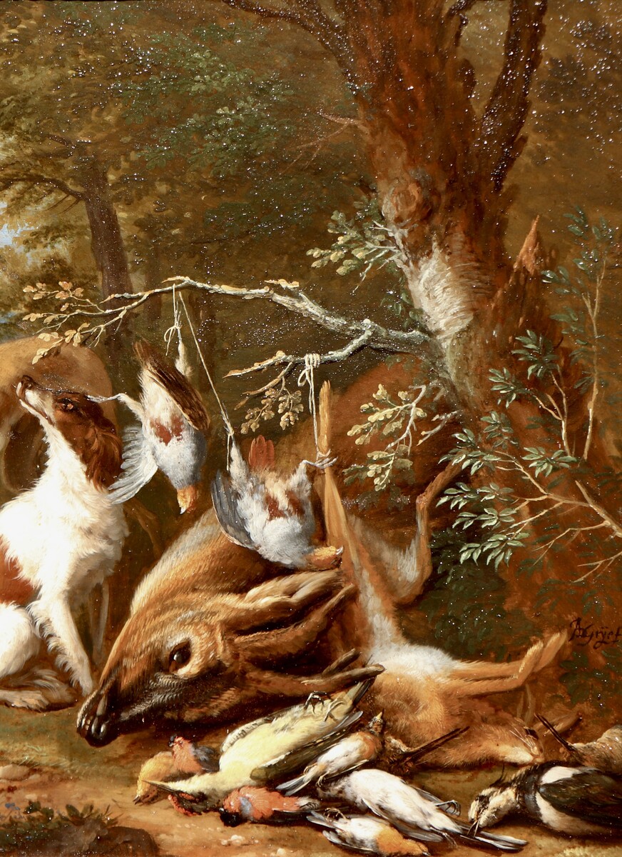 One of a pair of paintings with dogs guarding the spoils of hunt