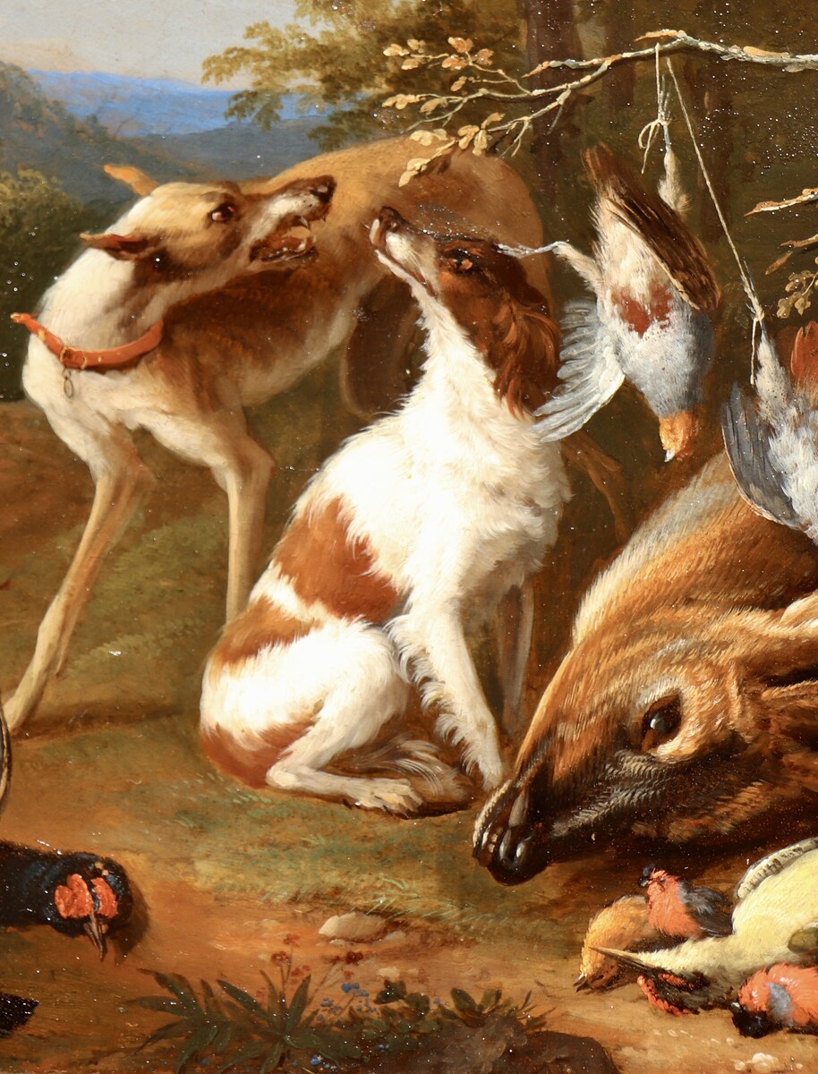 One of a pair of paintings with dogs guarding the spoils of hunt