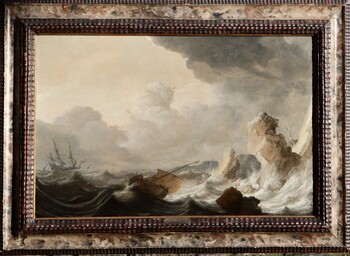 Ships on a rough sea near a rocky coast