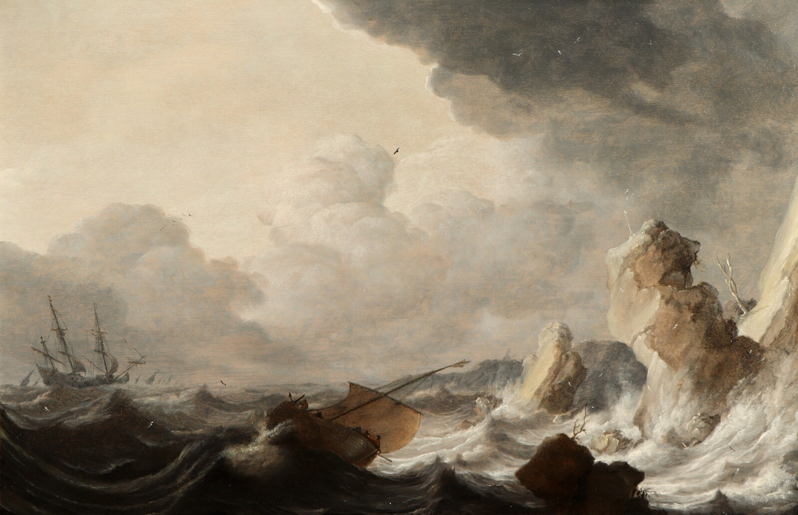 Ships on a rough sea near a rocky coast