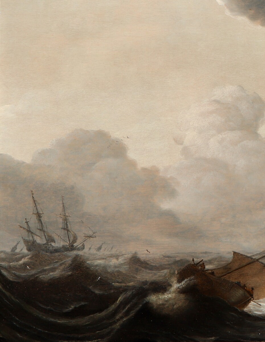 Ships on a rough sea near a rocky coast