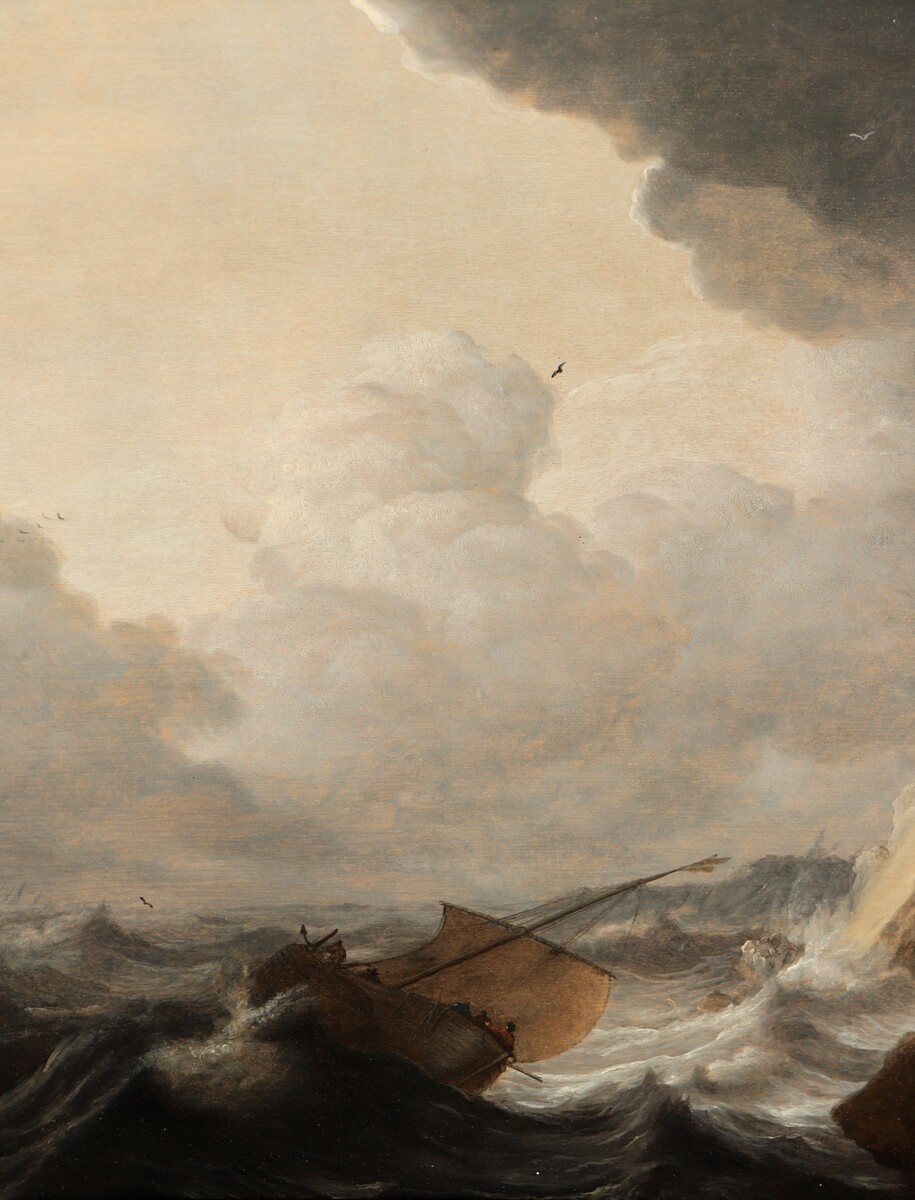 Ships on a rough sea near a rocky coast