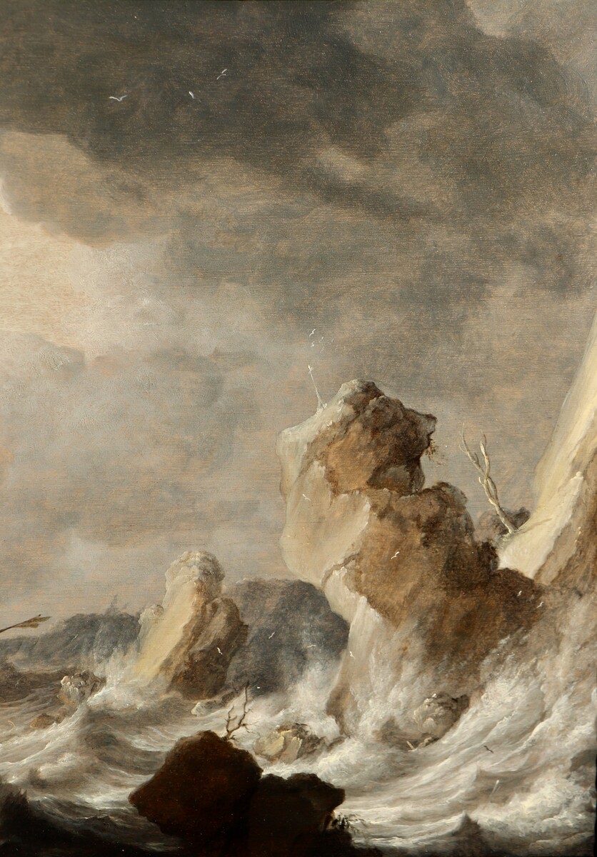 Ships on a rough sea near a rocky coast