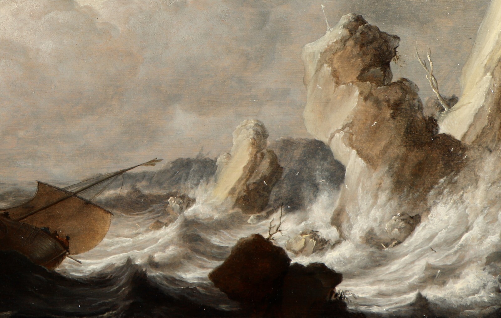 Ships on a rough sea near a rocky coast